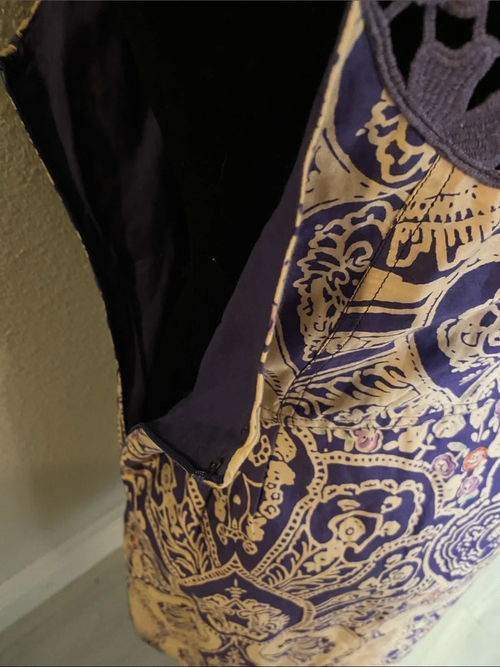 Free People Purple and Cream Paisley Midi Dress with Crochet Yoke